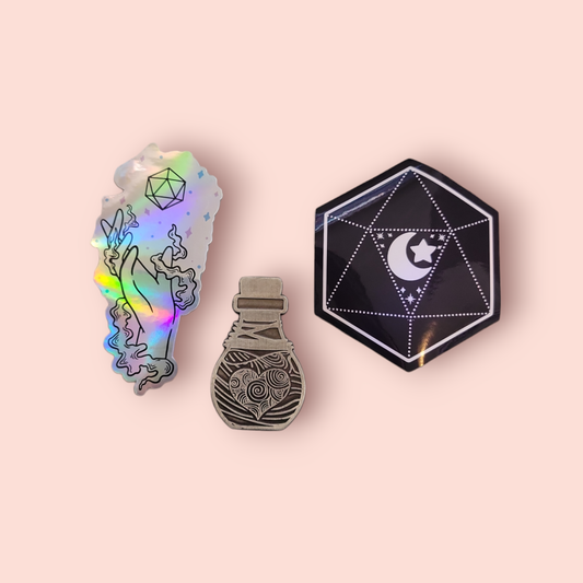 Bundle - 1 x Solid Metal D2 Coin Featuring a Life and Death Potion Bottle, 1 x Holographic Sticker, 1 x Vinyl D20 Sticker